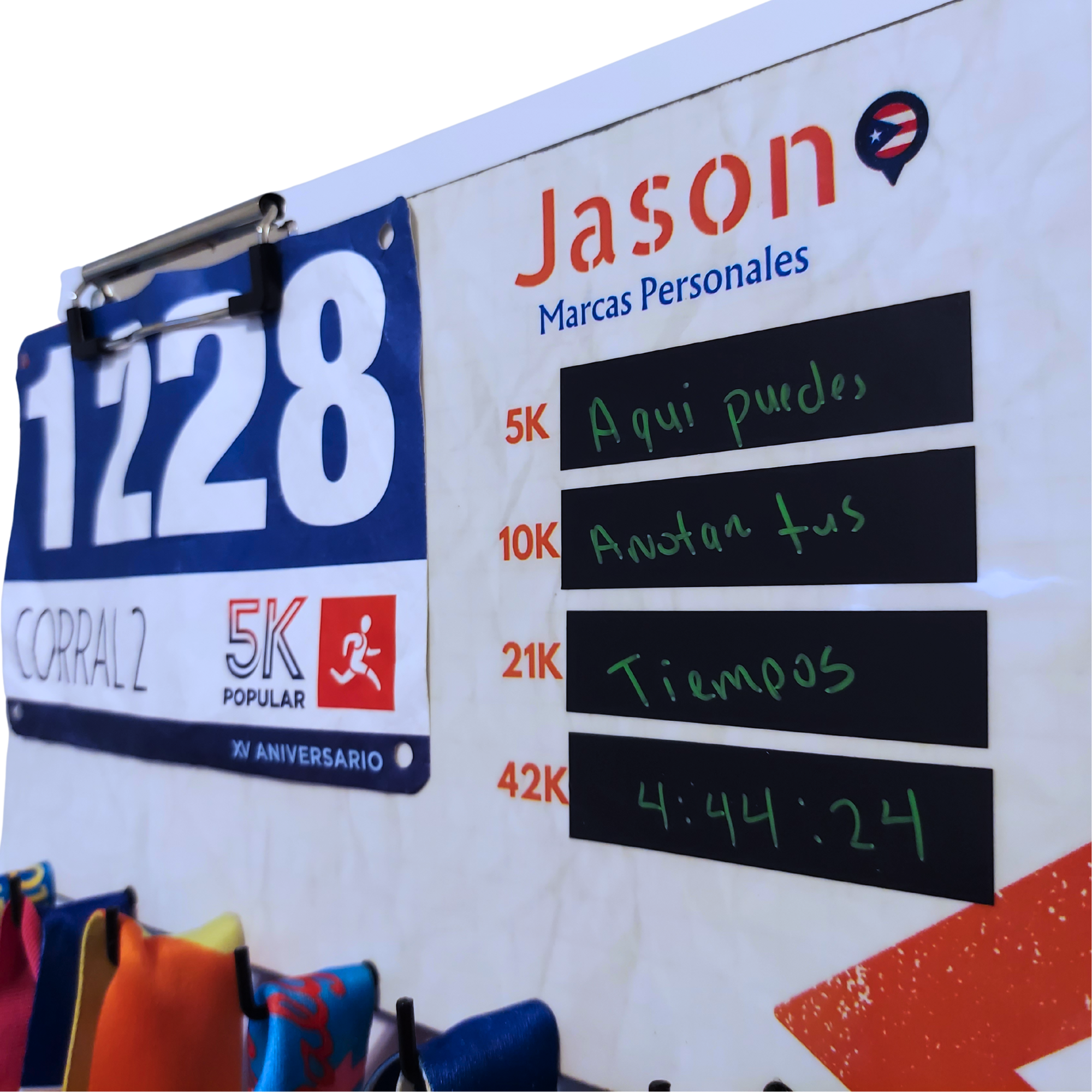 Medallero Personalizado (sostiene Bib Number y Anotador de tus tiempos)